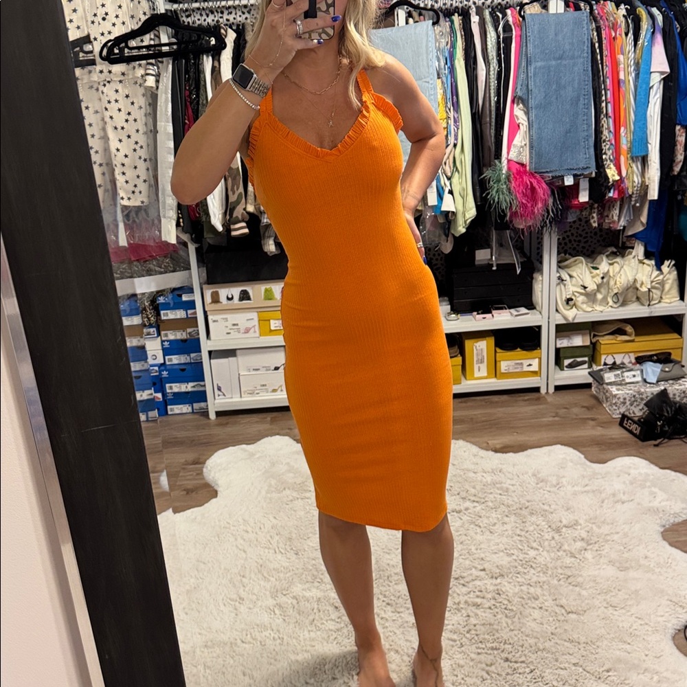 Zara Bright Orange Ribbed Textured Ruffle Dress - Picture 8 of 11